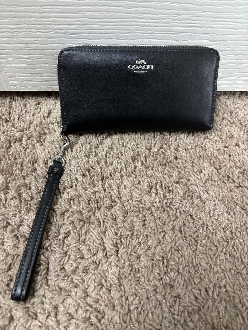 Coach Black Leather Wristlet Wallet with Silver Logo